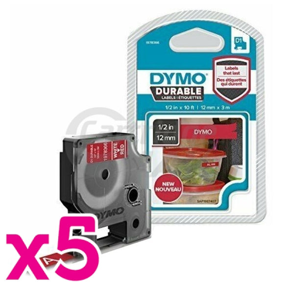 5 x Dymo SD1978366 Original 12mm x 3m White On Red D1 Durable Label Tape