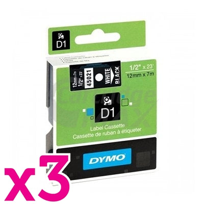 3 x Dymo SD45021 / S0720610 Original 12mm White Text on Black Label Cassette - 7 meters