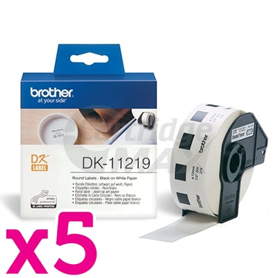 5 x Brother DK-11219 Original Black Text on White 12mm Diameter Die-Cut Round Paper Label Roll - 1200 labels per roll