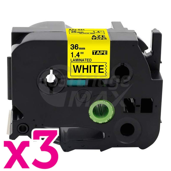 3 x Brother TZe-661 Generic 36mm Black Text on Yellow Laminated Tape - 8 meters