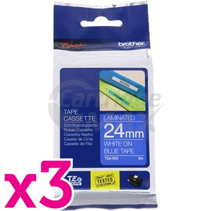 3 x Brother TZe-555 Original 24mm White Text on Blue Laminated Tape - 8 meters