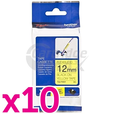 10 x Brother TZe-FX631 Original 12mm Black Text on Yellow Flexible ID Laminated Tape - 8 metres