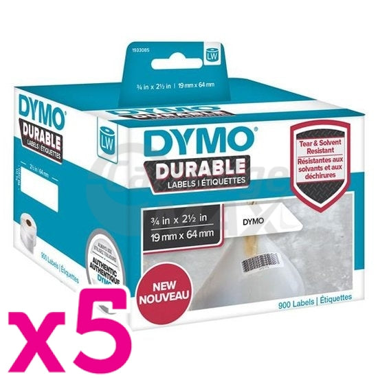 5 x Dymo 1933085 Original Durable Industrial White Label Roll 19mm x 64mm - 900 labels per pack