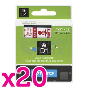 20 x Dymo SD45015 / S0720550 Original 12mm Red Text on White Label Cassette - 7 meters