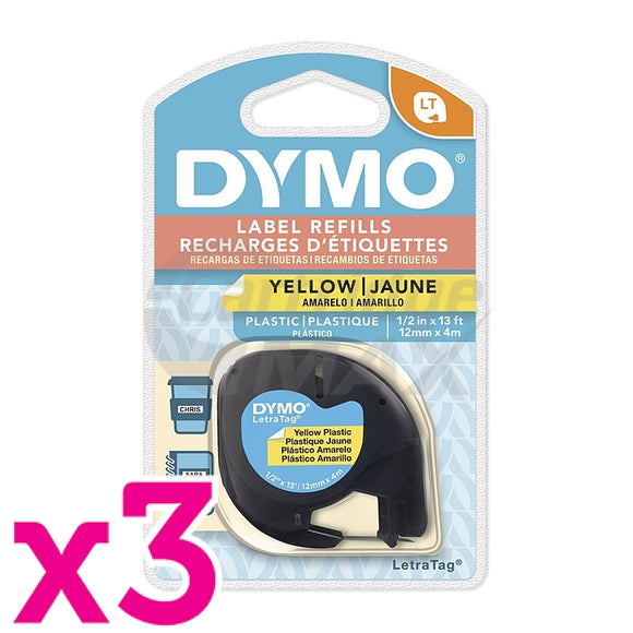 3 x Dymo 91332 Original 12mm x 4m Black On Yellow LetraTag Plastic Tape