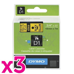 3 x Dymo SD45808 / S0720880 Original 19mm Black Text on Yellow Label Cassette - 7 meters