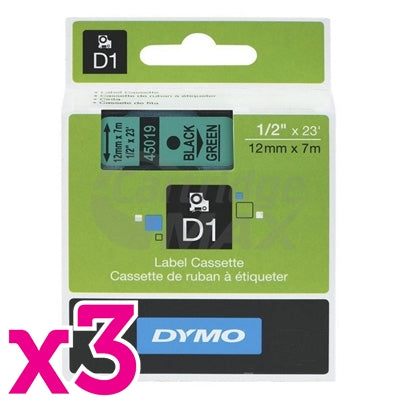 3 x Dymo SD45019 / S0720590 Original 12mm Black Text on Green Label Cassette - 7 meters