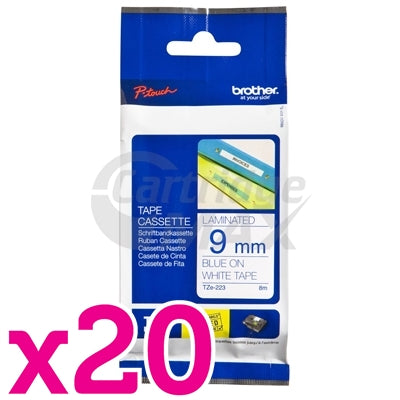 20 x Brother TZe-223 Original 9mm Blue Text on White Laminated Tape - 8 meters