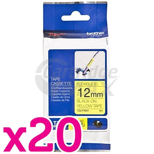 20 x Brother TZe-FX631 Original 12mm Black Text on Yellow Flexible ID Laminated Tape - 8 metres