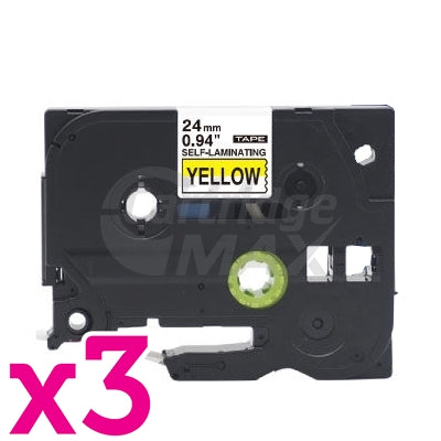 3 x Brother TZe-SL651 Generic 24mm Black Text on Yellow Self-Laminating Label for Cables & Wires - 8 metres