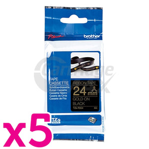 5 x Brother TZe-R354 Original 24mm Gold Text on Black Ribbon Tape - 4 metres