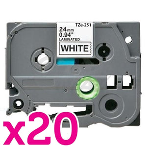 20 x Brother TZe-251 Generic 24mm Black Text on White Laminated Tape - 8 meters