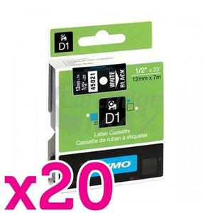 20 x Dymo SD45021 / S0720610 Original 12mm White Text on Black Label Cassette - 7 meters