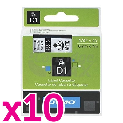 10 x Dymo SD43613 / S0720780 Original 6mm Black Text on White Label Cassette - 7 meters