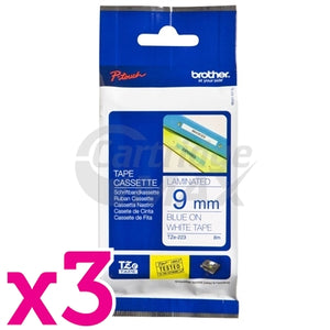 3 x Brother TZe-223 Original 9mm Blue Text on White Laminated Tape - 8 meters