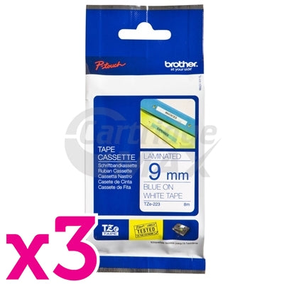 3 x Brother TZe-223 Original 9mm Blue Text on White Laminated Tape - 8 meters