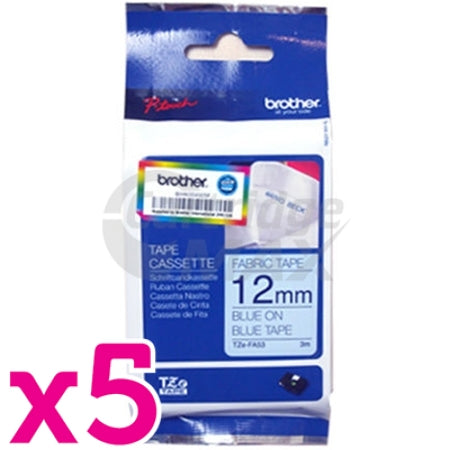 5 x Brother TZe-FA53 Original 12mm Blue Text on Blue Fabric Tape - 3 meters