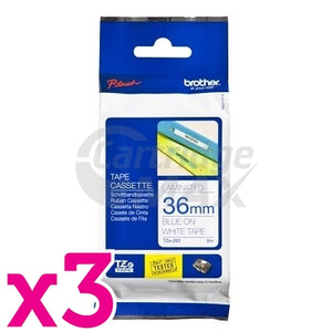 3 x Brother TZe-263 Original 36mm Blue Text on White Laminated Tape - 8 meters