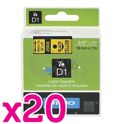 20 x Dymo SD45808 / S0720880 Original 19mm Black Text on Yellow Label Cassette - 7 meters