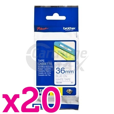 20 x Brother TZe-263 Original 36mm Blue Text on White Laminated Tape - 8 meters