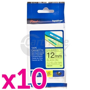 10 x Brother TZe-C31 Original 12mm Black Text on Yellow Fluorescent Laminated Tape - 5 meters