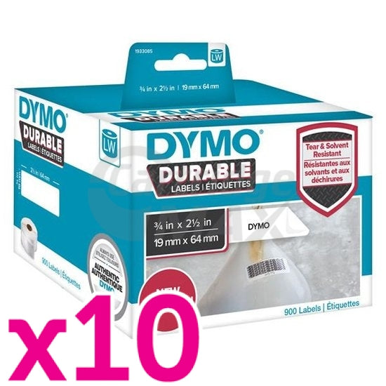 10 x Dymo 1933085 Original Durable Industrial White Label Roll 19mm x 64mm - 900 labels per pack