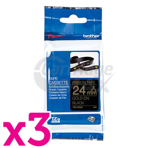 3 x Brother TZe-R354 Original 24mm Gold Text on Black Ribbon Tape - 4 metres