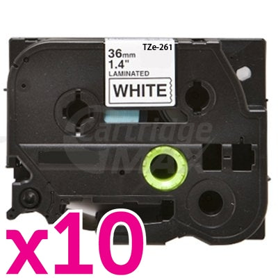 10 x Brother TZe-261 Generic 36mm Black Text on White Laminated Tape - 8 meters