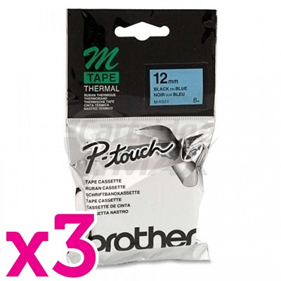 3 x Brother M-K531 Original 12mm Black Text on Blue Tape - 8 meters