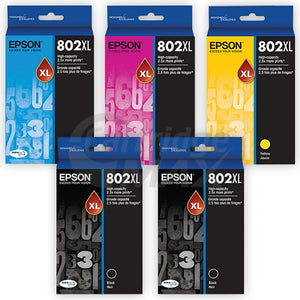 5 Pack Epson 802XL (C13T356192-C13T356492) Original High Yield Inkjet Cartridge Combo Pack [2BK,1C,1M,1Y]