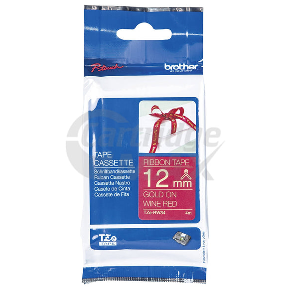 Brother TZe-RW34 Original 12mm Gold Text on Wine Red Ribbon Tape - 4 metres