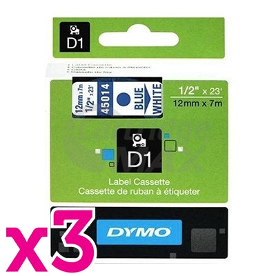 3 x Dymo SD45014 / S0720540 Original 12mm Blue Text on White Label Cassette - 7 meters