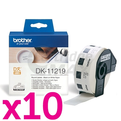 10 x Brother DK-11219 Original Black Text on White 12mm Diameter Die-Cut Round Paper Label Roll - 1200 labels per roll