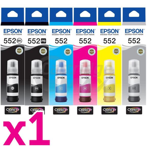 6-Pack Original Epson T552 Claria EcoTank Ink Bottle Combo [1BK,1PBK,1C,1M,1Y,1GY]