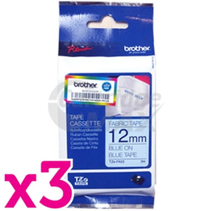 3 x Brother TZe-FA53 Original 12mm Blue Text on Blue Fabric Tape - 3 meters