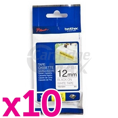 10 x Brother TZe-S231 Original 12mm Black Text on White Strong Adhesive Laminated Tape - 8 metres