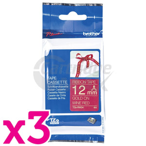 3 x Brother TZe-RW34 Original 12mm Gold Text on Wine Red Ribbon Tape - 4 metres